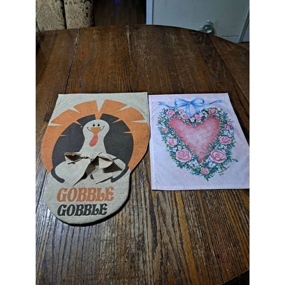 2 Outdoor Garden Flags Thanksgiving Turkey Hearts and Flowers